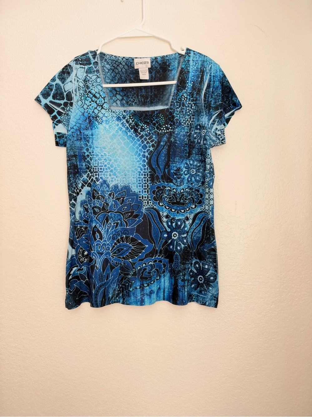 Chico's Blue Multi-Print Square Neck Short Sleeve Tee
